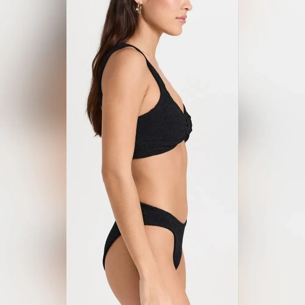 HUNZA G Bonnie Metallic Seersucker Bikini Black Textured Swimwear One-Size